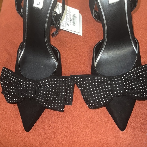 Zara Black Slingback Heels with Studded Bow - Size 38 -NWT - Picture 5 of 9